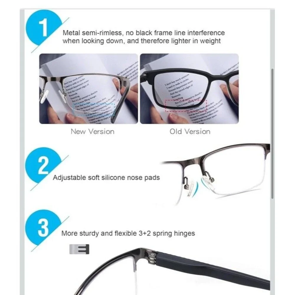 Progressive Multifocal Reading Glasses Business Anti Blue Light Half Frame +1.5